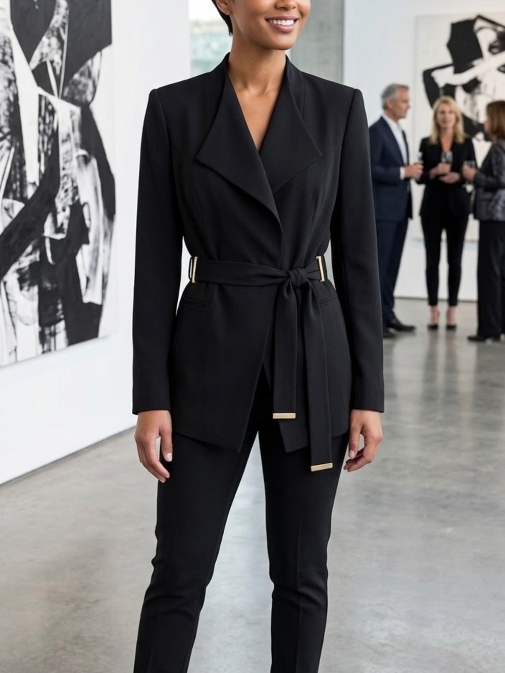 Calvin Klein Black Tailored Wrap Blazer with Gold Accents